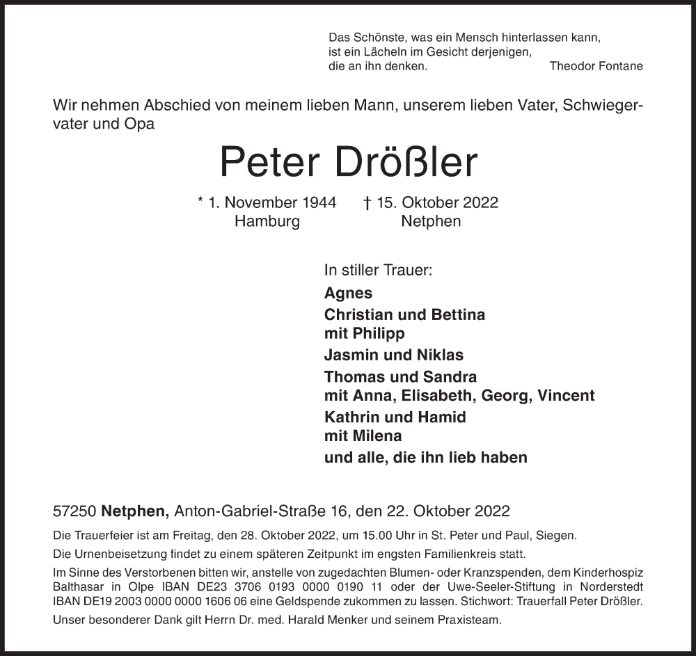  Traueranzeige für Peter Drößler vom 22.10.2022 aus Siegener Zeitung