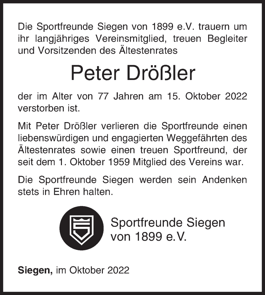  Traueranzeige für Peter Drößler vom 22.10.2022 aus Siegener Zeitung