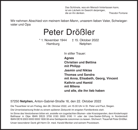 Traueranzeige von Peter Drößler von Siegener Zeitung