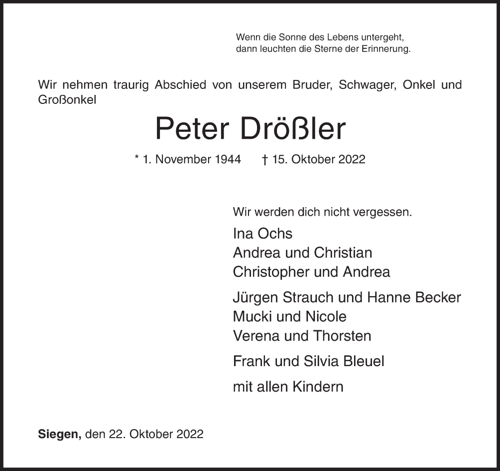  Traueranzeige für Peter Drößler vom 22.10.2022 aus Siegener Zeitung