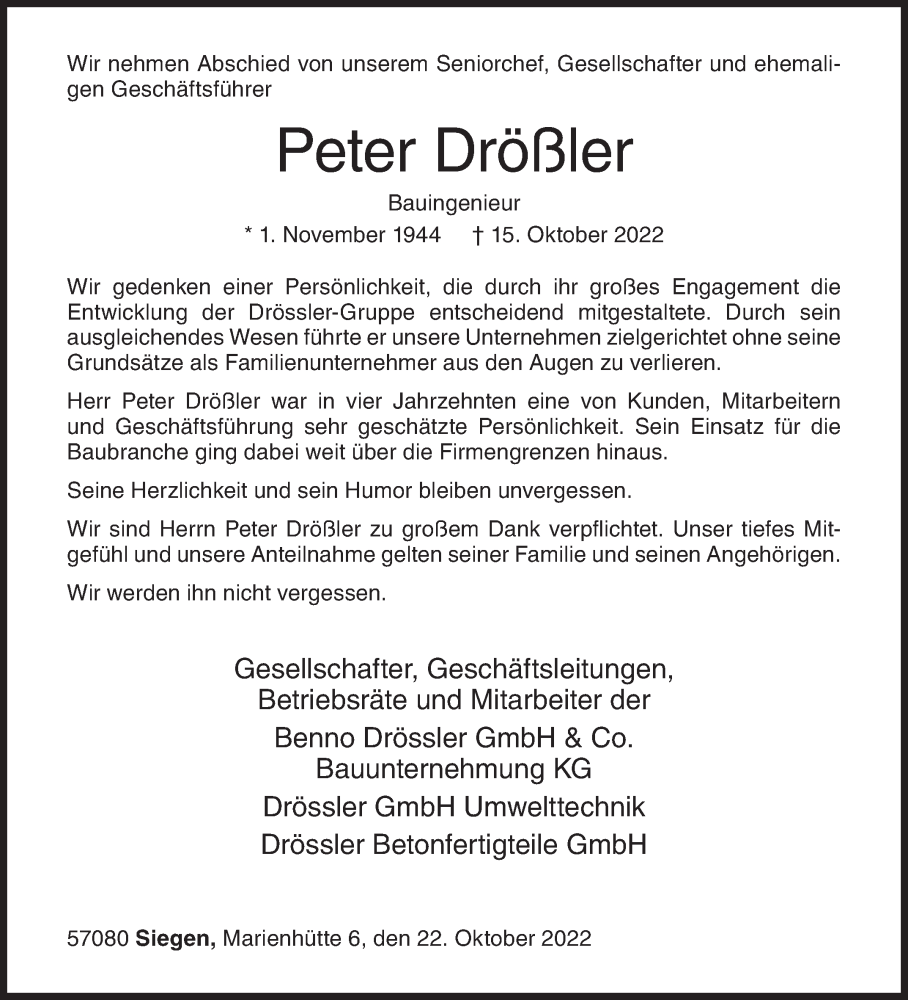  Traueranzeige für Peter Drößler vom 22.10.2022 aus Siegener Zeitung