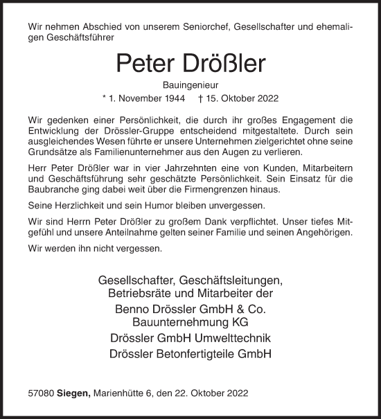 Traueranzeige von Peter Drößler von Siegener Zeitung