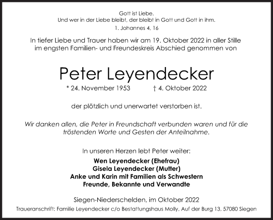 Traueranzeige von Peter Leyendecker von Siegener Zeitung