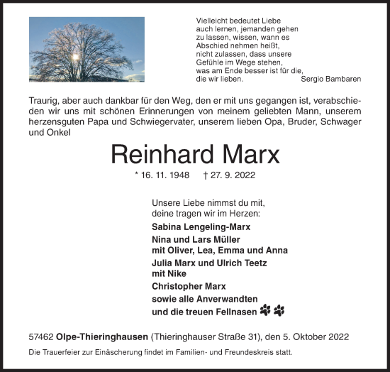 Traueranzeige von Reinhard Marx von Siegener Zeitung