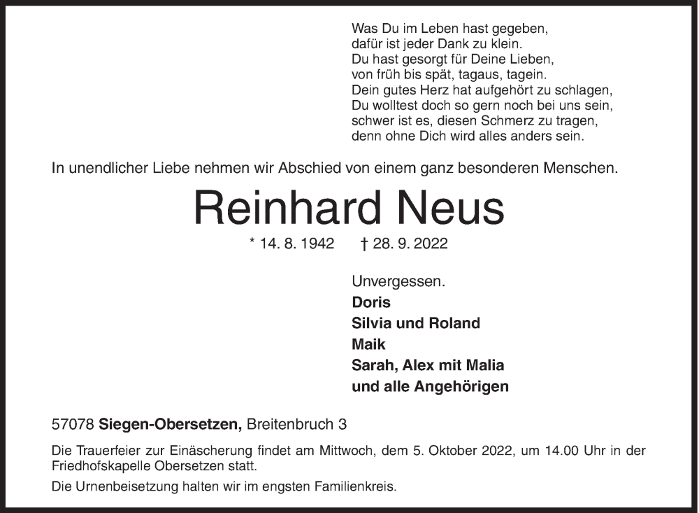 Traueranzeige für Reinhard Neus vom 01.10.2022 aus Siegener Zeitung