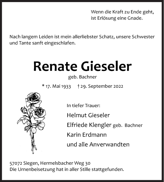 Traueranzeige von Renate Gieseler von Siegener Zeitung