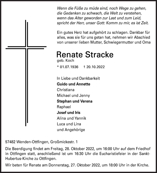 Traueranzeige von Renate Stracke von Siegener Zeitung