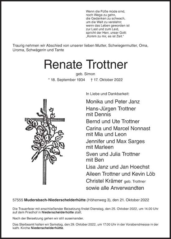 Traueranzeige von Renate Trottner von Siegener Zeitung