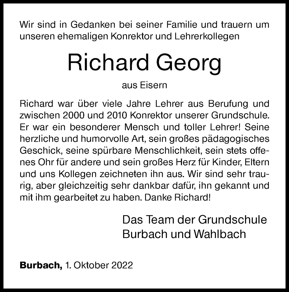  Traueranzeige für Richard Georg vom 01.10.2022 aus Siegener Zeitung