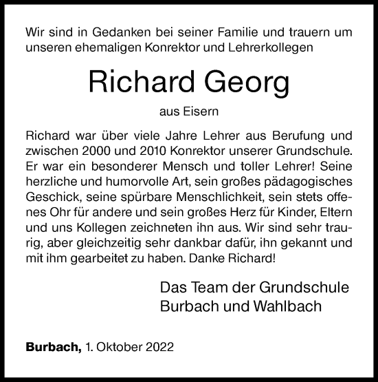 Traueranzeige von Richard Georg von Siegener Zeitung