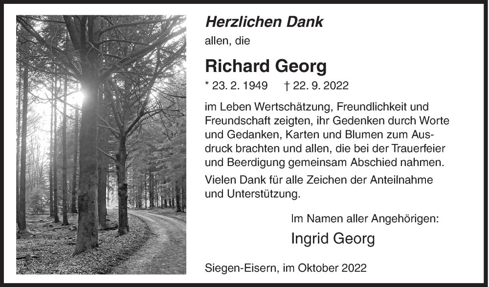  Traueranzeige für Richard Georg vom 29.10.2022 aus Siegener Zeitung