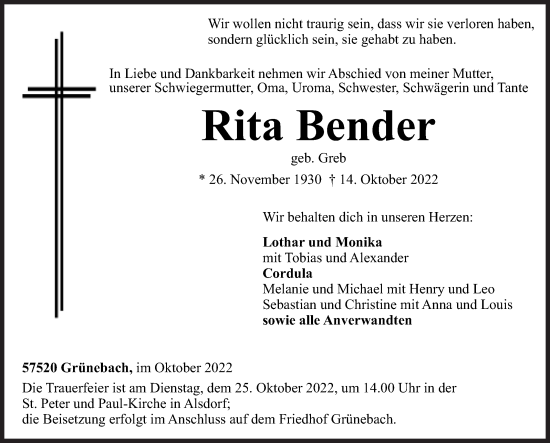 Traueranzeige von Rita Bender von Siegener Zeitung