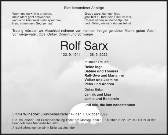 Traueranzeige von Rolf Sarx von Siegener Zeitung