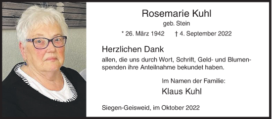 Traueranzeige von Rosemarie Kuhl von Siegener Zeitung