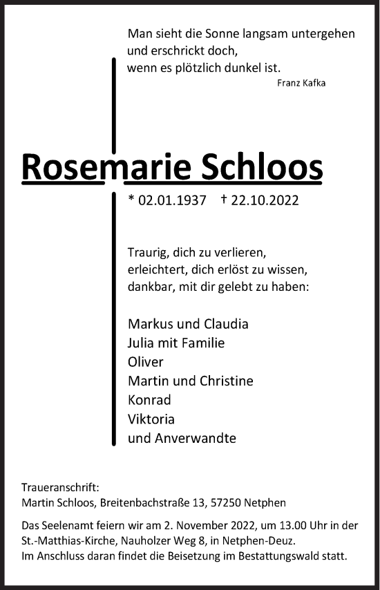 Traueranzeige von Rosemarie Schloos von Siegener Zeitung