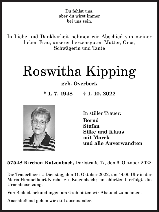 Traueranzeige von Roswitha Kipping von Siegener Zeitung