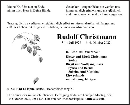 Traueranzeige von Rudolf Christmann von Siegener Zeitung