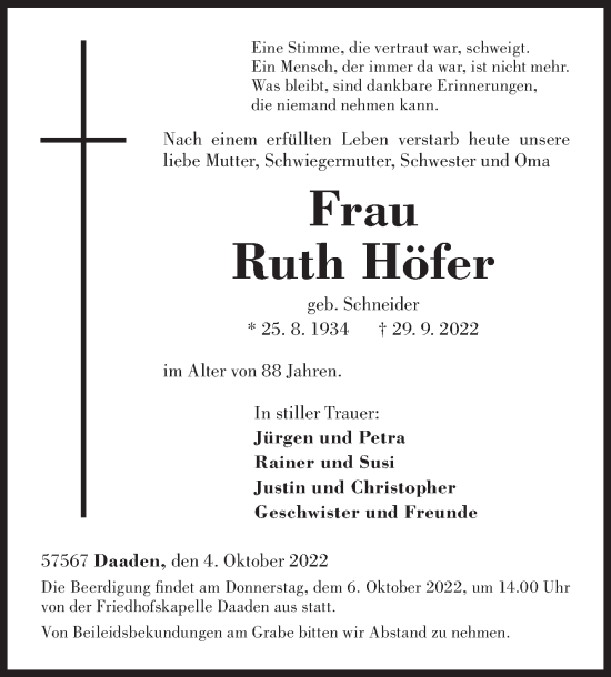 Traueranzeige von Ruth Höfer von Siegener Zeitung