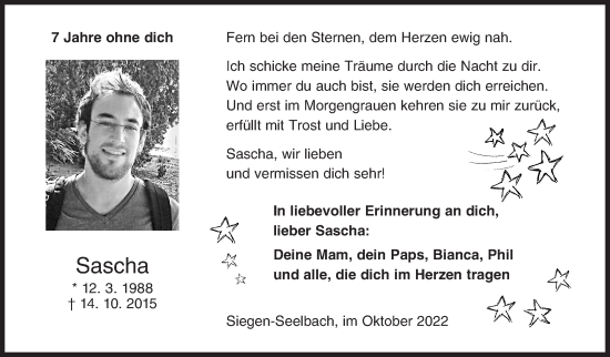 Traueranzeige von Sascha  von Siegener Zeitung