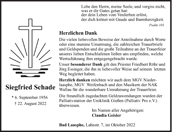 Traueranzeige von Siegfried Schade von Siegener Zeitung