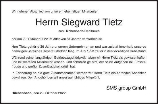 Traueranzeige von Siegward Tietz von Siegener Zeitung