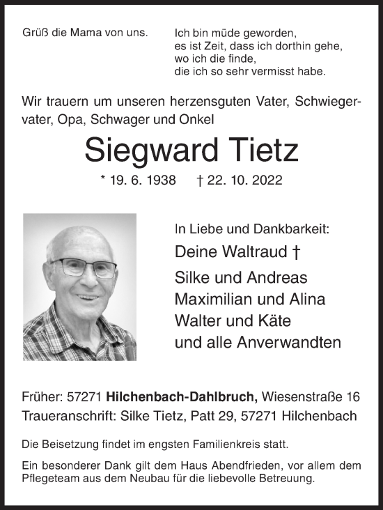 Traueranzeige von Siegward Tietz von Siegener Zeitung
