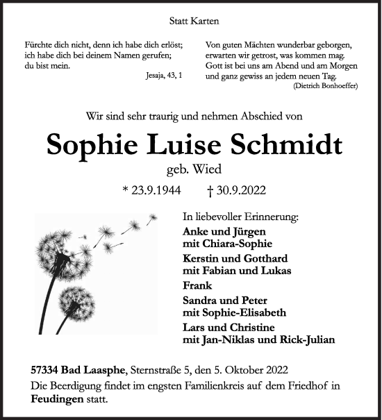 Traueranzeige von Sophie Luise Schmidt von Siegener Zeitung