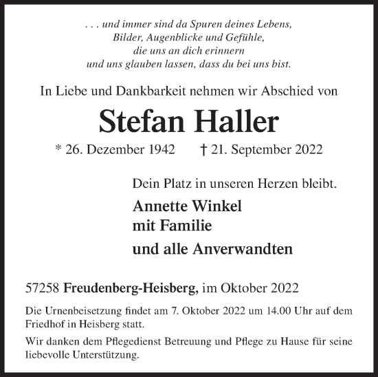 Traueranzeige von Stefan Haller von Siegener Zeitung