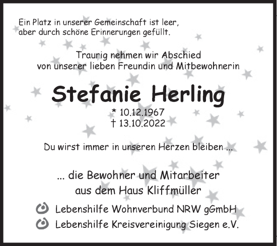 Traueranzeige von Stefanie Herling von Siegener Zeitung