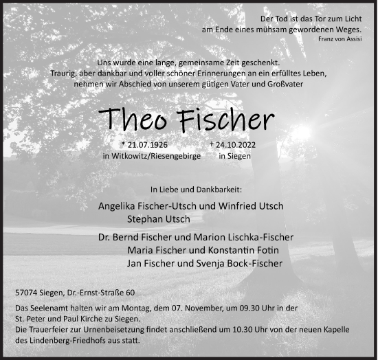 Traueranzeige von Theo Fischer von Siegener Zeitung