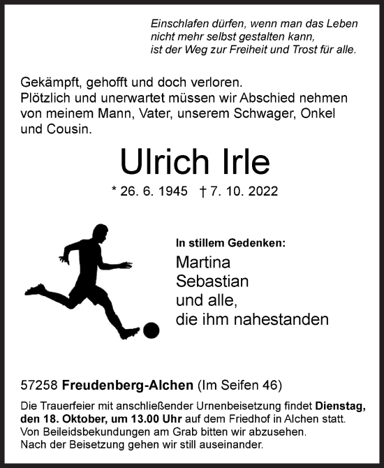 Traueranzeige von Ulrich Irle von Siegener Zeitung