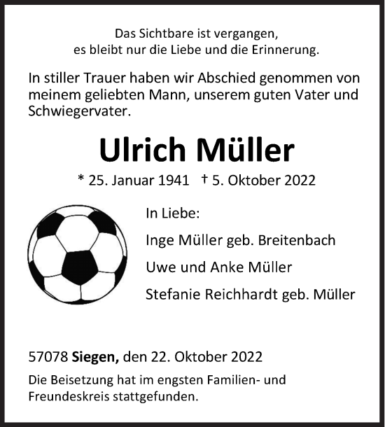 Traueranzeige von Ulrich Müller von Siegener Zeitung