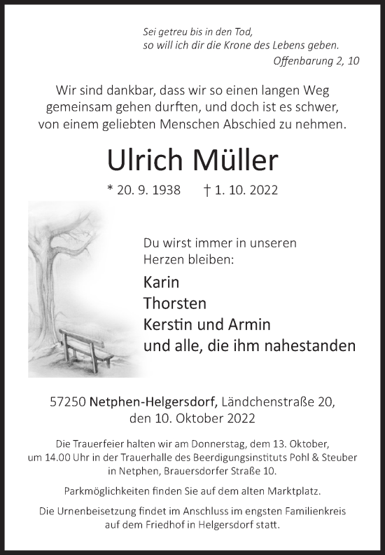 Traueranzeige von Ulrich Müller von Siegener Zeitung