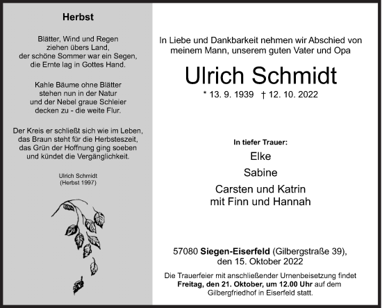 Traueranzeige von Ulrich Schmidt von Siegener Zeitung
