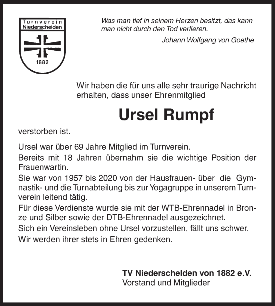 Traueranzeige von Ursel Rumpf von Siegener Zeitung