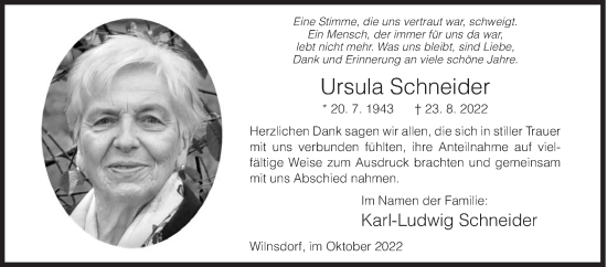 Traueranzeige von Ursula Schneider von Siegener Zeitung