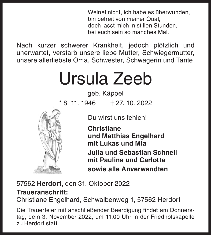  Traueranzeige für Ursula Zeeb vom 31.10.2022 aus Siegener Zeitung