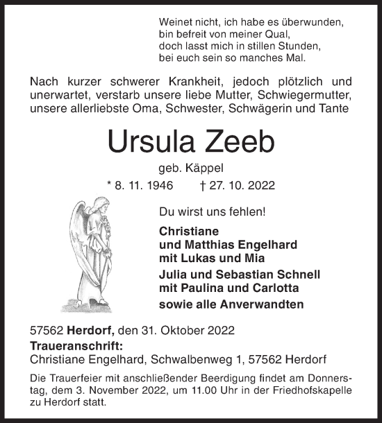 Traueranzeige von Ursula Zeeb von Siegener Zeitung