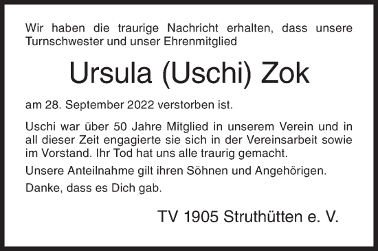 Traueranzeige von Ursula Zok von Siegener Zeitung