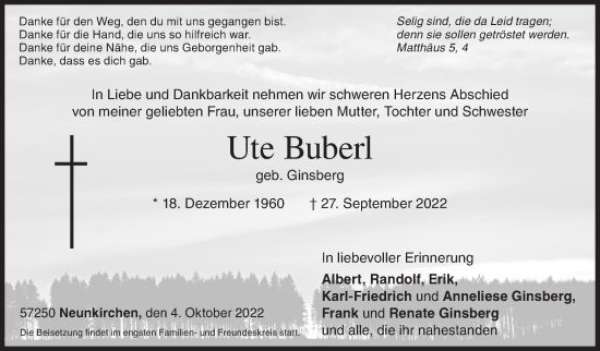 Traueranzeige von Ute Buben von Siegener Zeitung