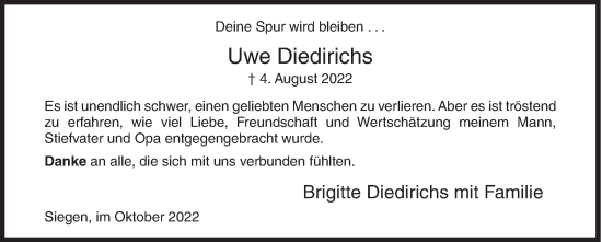 Traueranzeige von Uwe Diedirichs von Siegener Zeitung