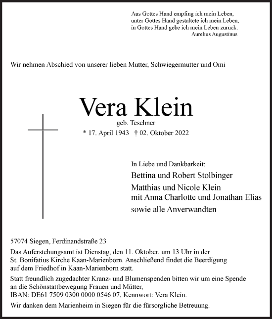 Traueranzeige von Vera Klein von Siegener Zeitung
