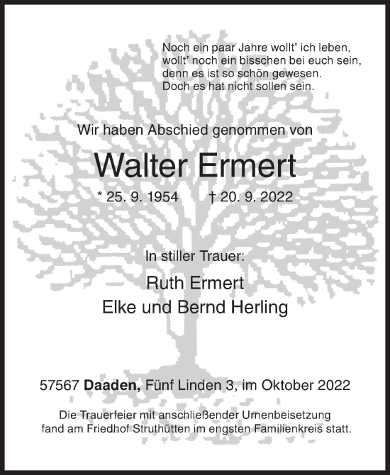 Traueranzeige von Walter Ermert von Siegener Zeitung