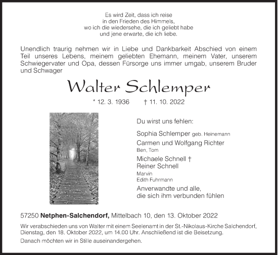 Traueranzeige von Walter Schlemper von Siegener Zeitung