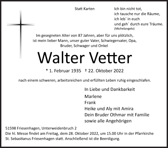 Traueranzeige von Walter Vetter von Siegener Zeitung