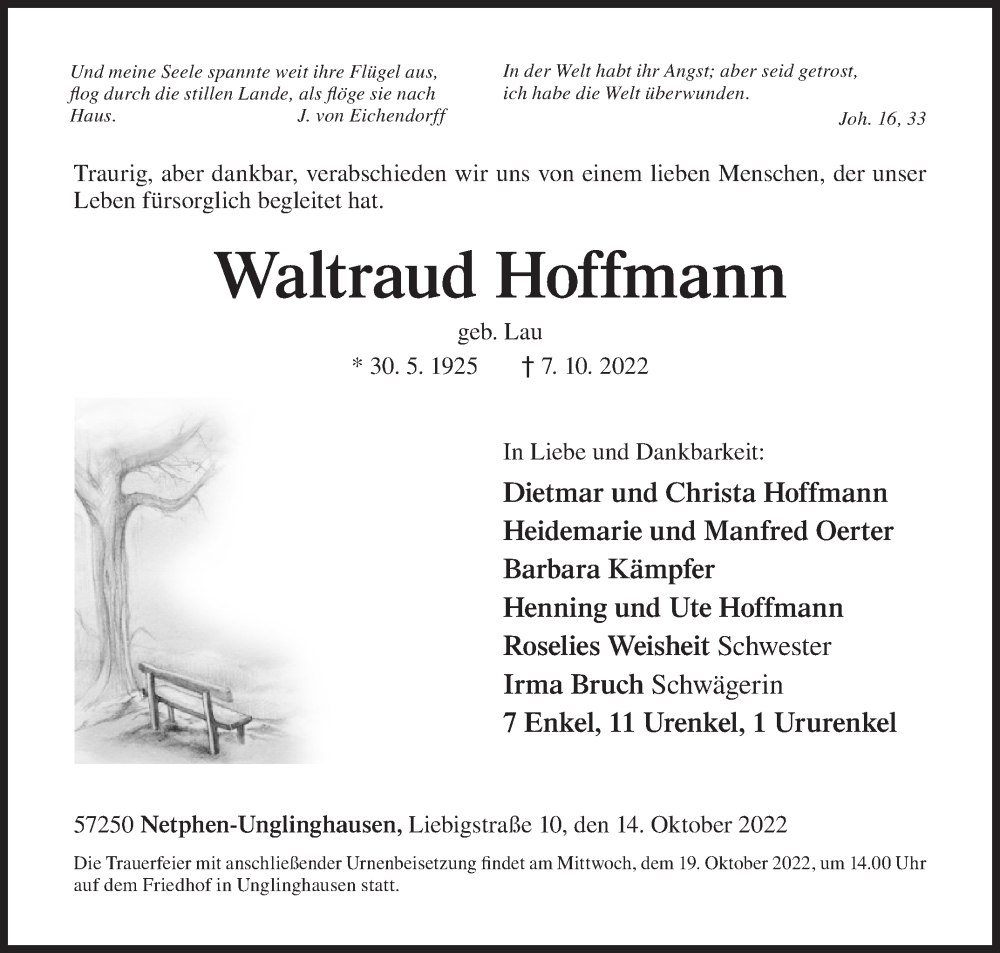  Traueranzeige für Waltraud Hoffmann vom 14.10.2022 aus Siegener Zeitung