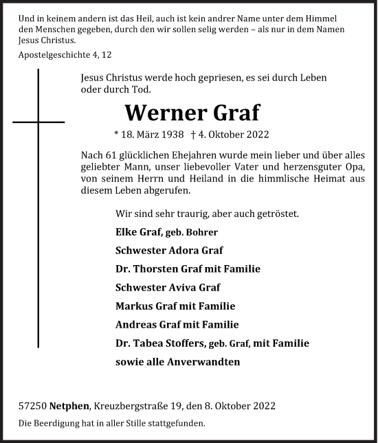 Traueranzeige von Werner Graf von Siegener Zeitung