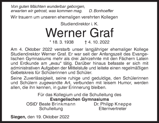 Traueranzeige von Werner Graf von Siegener Zeitung