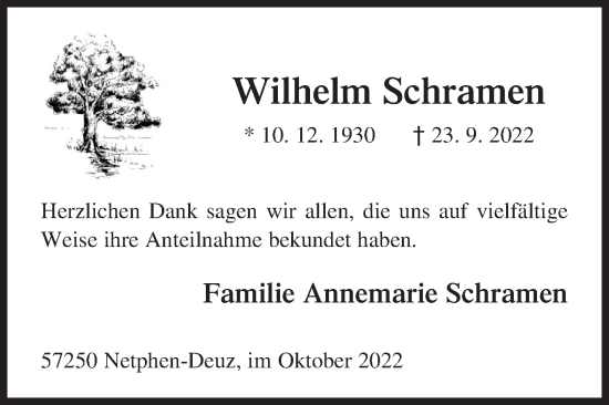 Traueranzeige von Wilhelm  Schramen von Siegener Zeitung