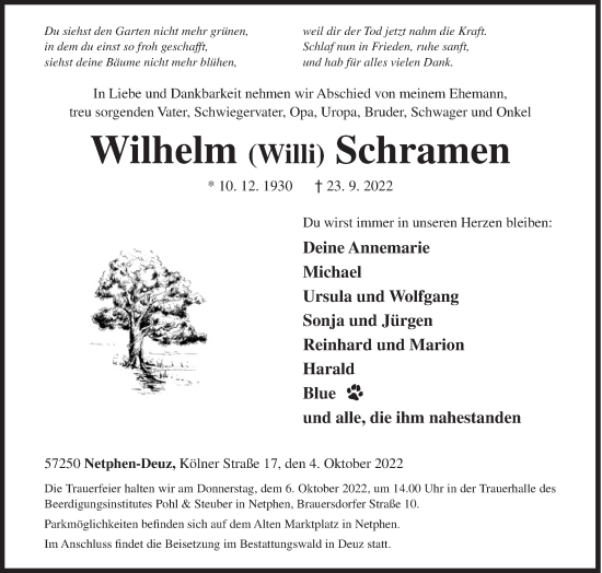 Traueranzeige von Wilhelm  Schramen von Siegener Zeitung